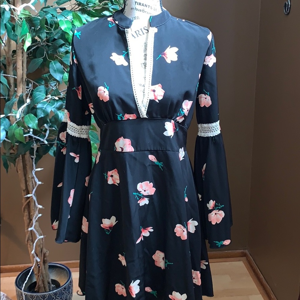 Miin black boho dress with pink floral print